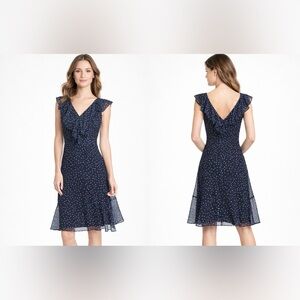 DKNY Dress Navy Blue Ivory 10 Polka Dot Flutter Sleeve A Line Flowy Summer